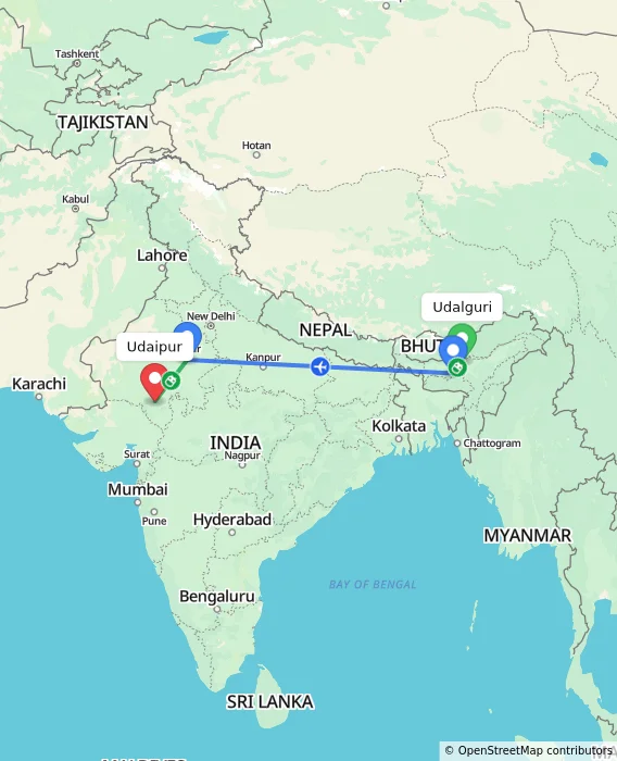Route map showing distance and travel time from Udalguri, India to Udaipur, India