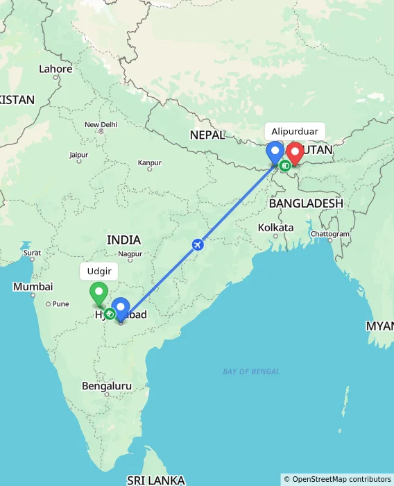 Route map showing distance and travel time from Udgir, India to Alipurduar, India