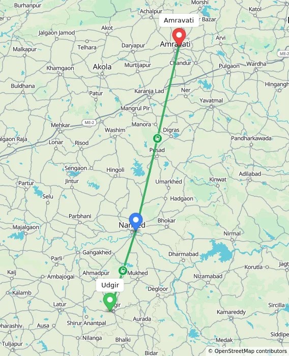 Route map showing distance and travel time from Udgir, India to Amravati, India