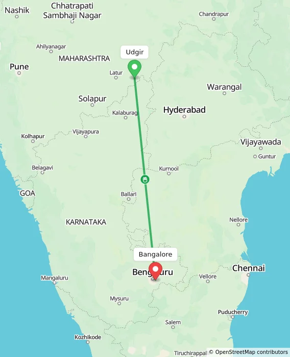 Route map showing distance and travel time from Udgir, India to Bangalore, India