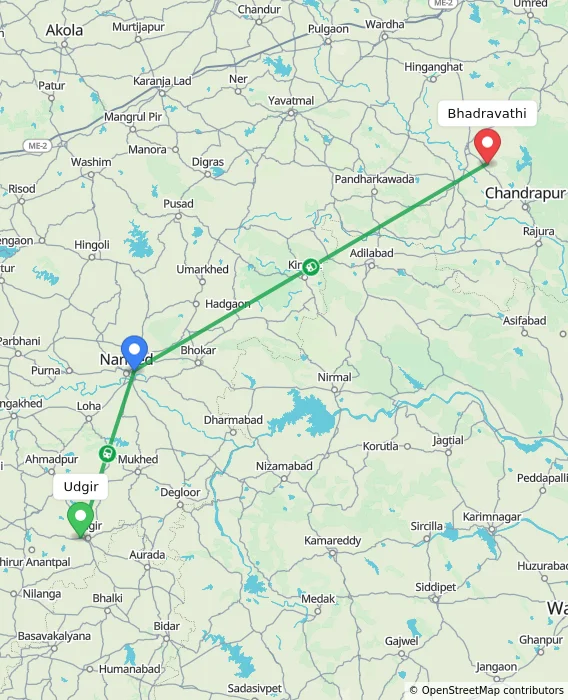 Route map showing distance and travel time from Udgir, India to Bhadravathi, India