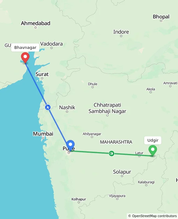 Route map showing distance and travel time from Udgir, India to Bhavnagar, India