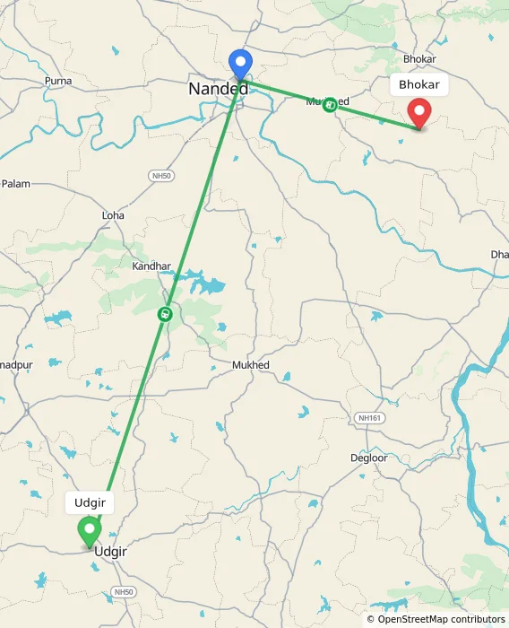 Route map showing distance and travel time from Udgir, India to Bhokar, India