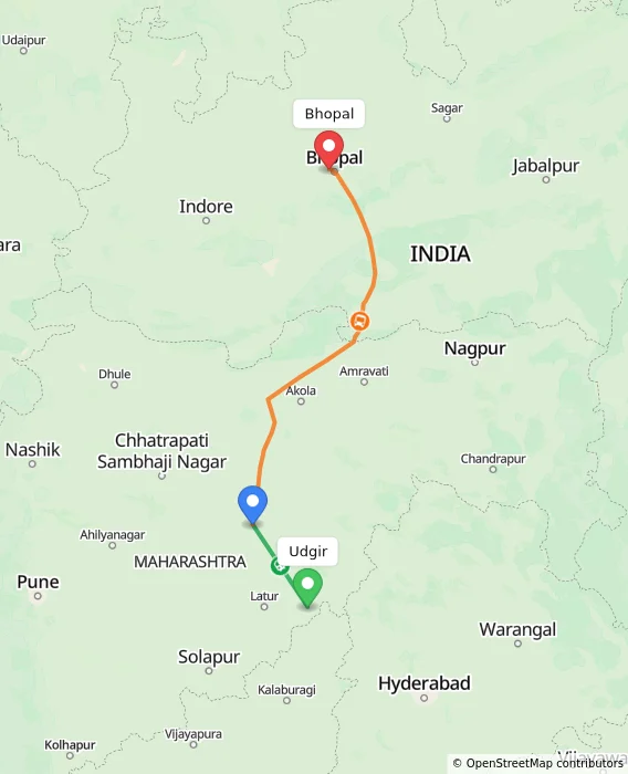 Route map showing distance and travel time from Udgir, India to Bhopal, India