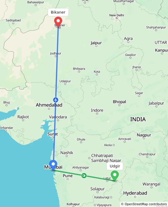 Route map showing distance and travel time from Udgir, India to Bikaner, India