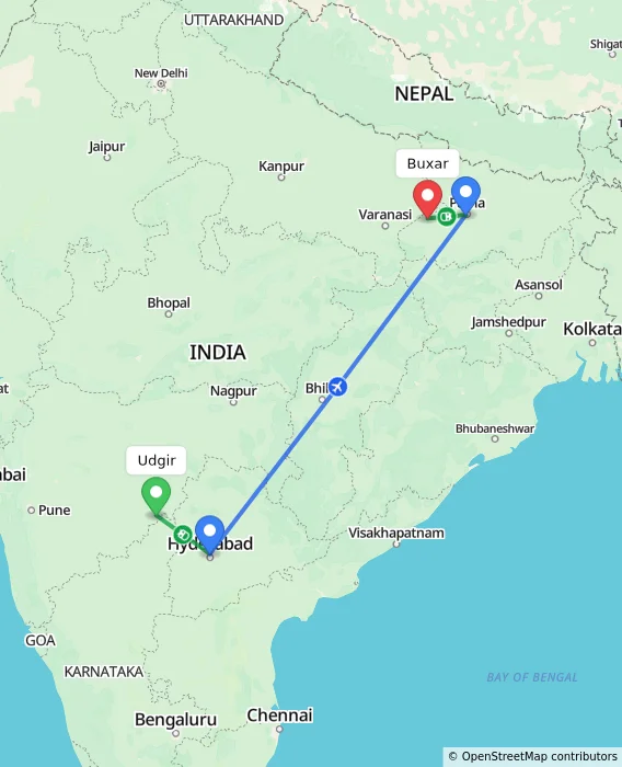 Route map showing distance and travel time from Udgir, India to Buxar, India