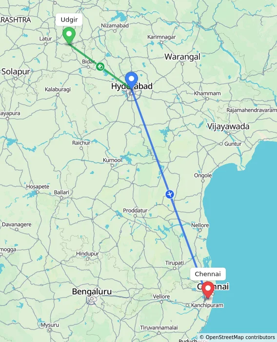 Route map showing distance and travel time from Udgir, India to Chennai, India