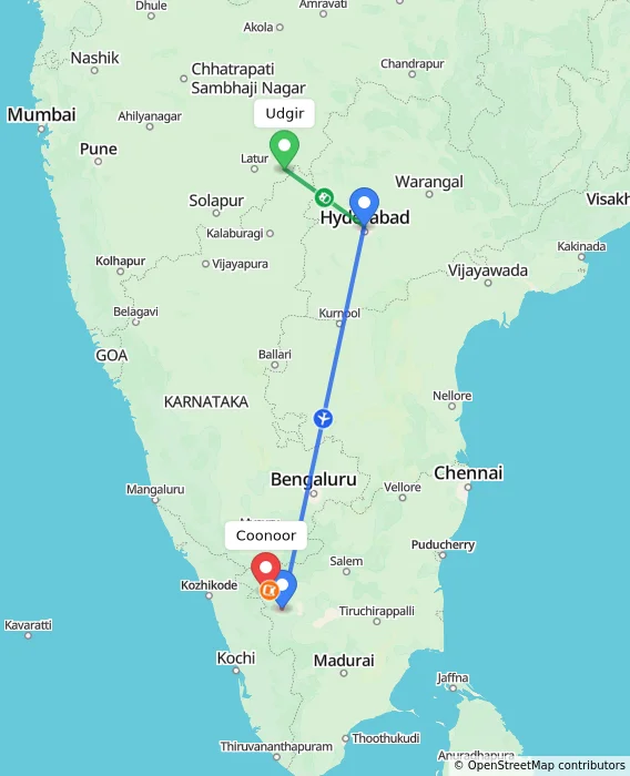 Route map showing distance and travel time from Udgir, India to Coonoor, India