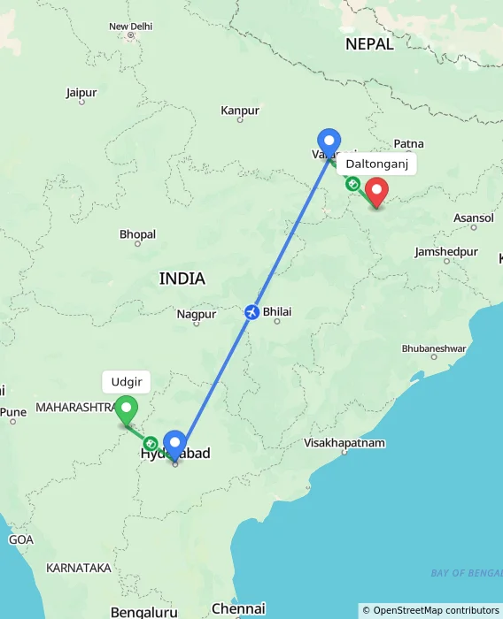 Route map showing distance and travel time from Udgir, India to Daltonganj, India