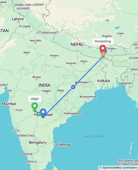 Route map showing distance and travel time from Udgir, India to Darjeeling, India