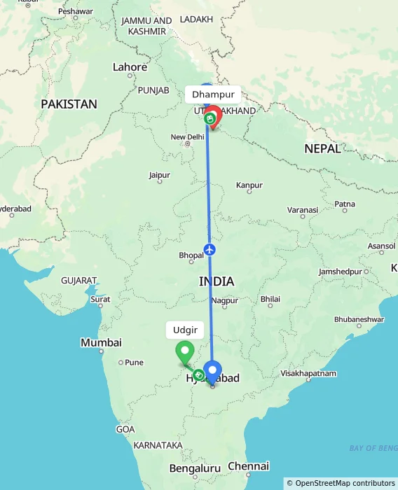 Route map showing distance and travel time from Udgir, India to Dhampur, India