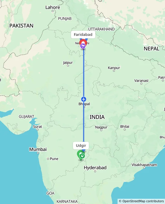 Route map showing distance and travel time from Udgir, India to Faridabad, India