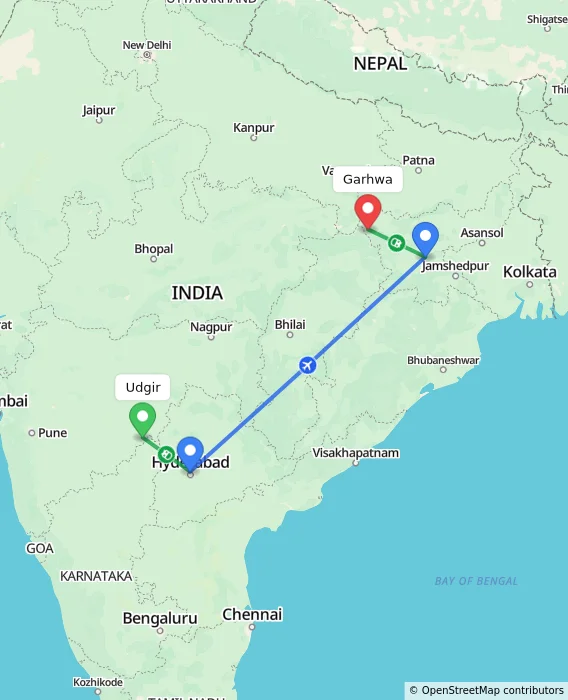 Route map showing distance and travel time from Udgir, India to Garhwa, India