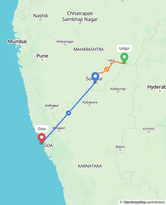 Route map showing distance and travel time from Udgir, India to Goa, India