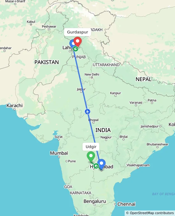 Route map showing distance and travel time from Udgir, India to Gurdaspur, India