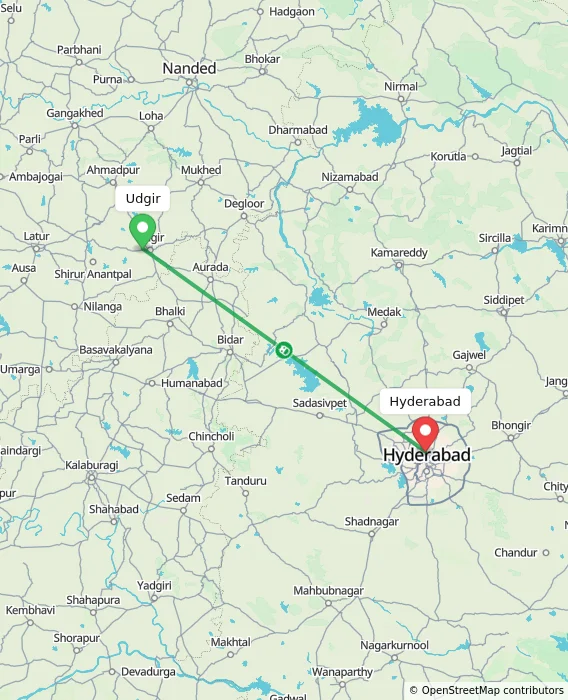 Route map showing distance and travel time from Udgir, India to Hyderabad, India