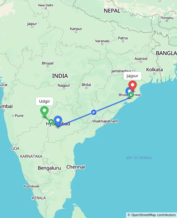 Route map showing distance and travel time from Udgir, India to Jajpur, India