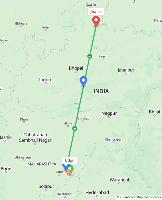 Route map showing distance and travel time from Udgir, India to Jhansi, India