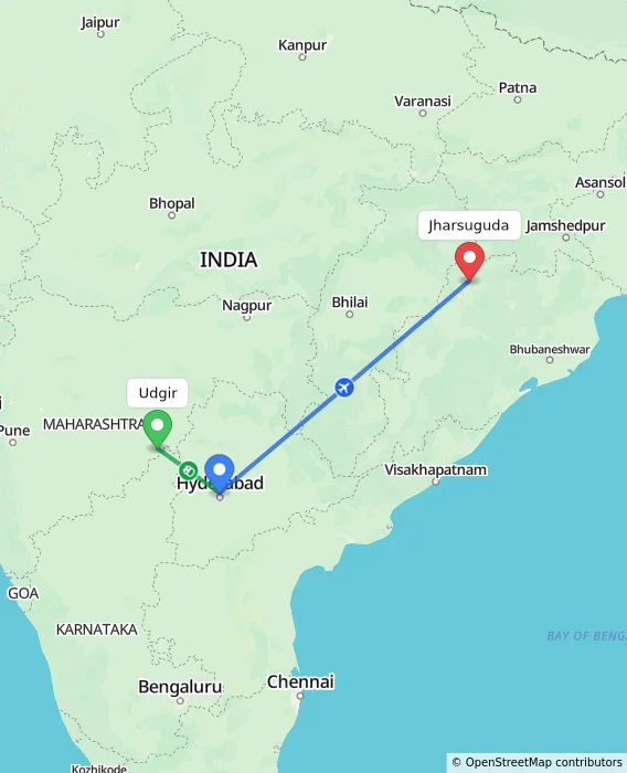 Route map showing distance and travel time from Udgir, India to Jharsuguda, India