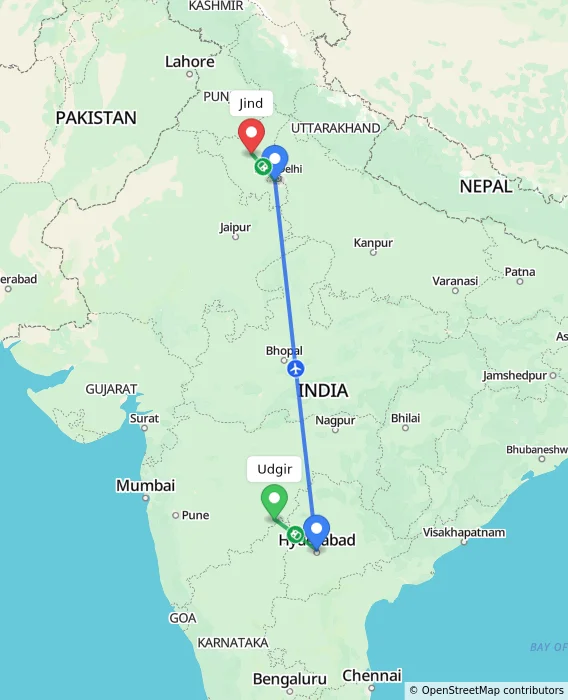 Route map showing distance and travel time from Udgir, India to Jind, India