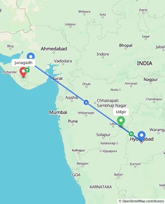Route map showing distance and travel time from Udgir, India to Junagadh, India