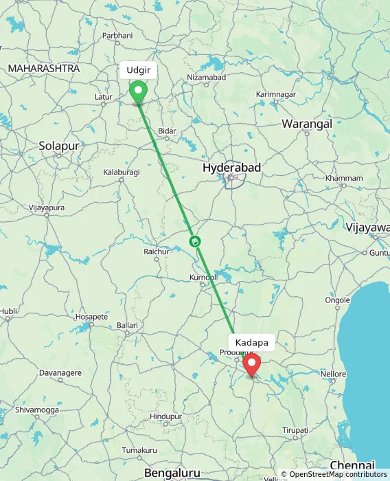 Route map showing distance and travel time from Udgir, India to Kadapa, India