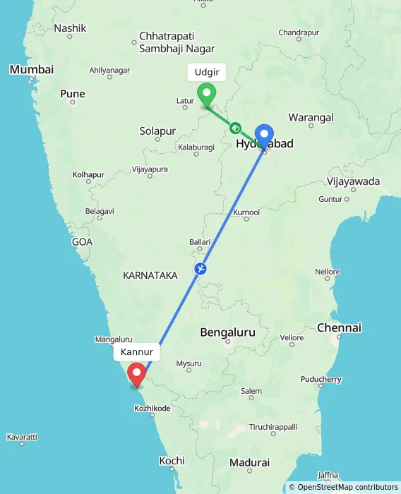 Route map showing distance and travel time from Udgir, India to Kannur, India