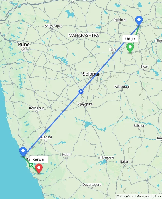 Route map showing distance and travel time from Udgir, India to Karwar, India