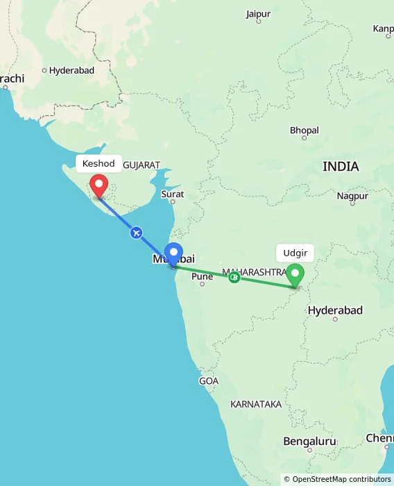 Route map showing distance and travel time from Udgir, India to Keshod, India