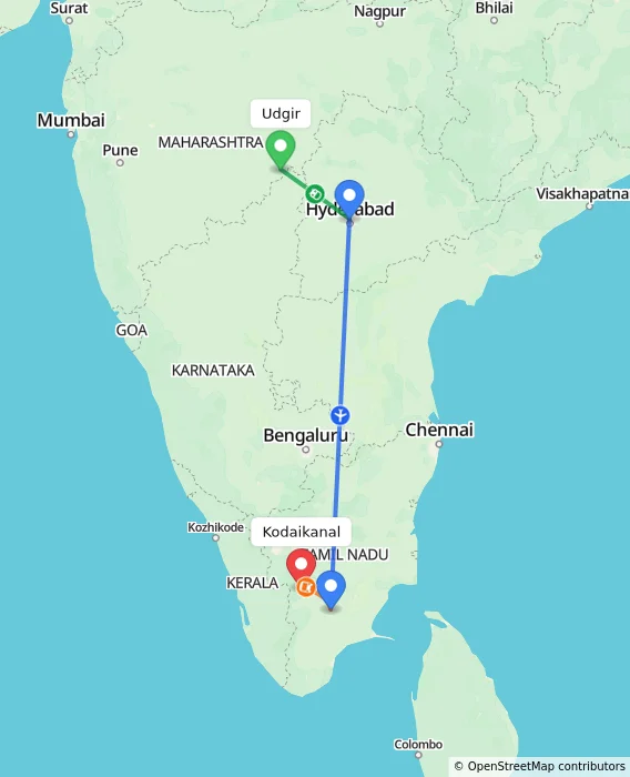 Route map showing distance and travel time from Udgir, India to Kodaikanal, India