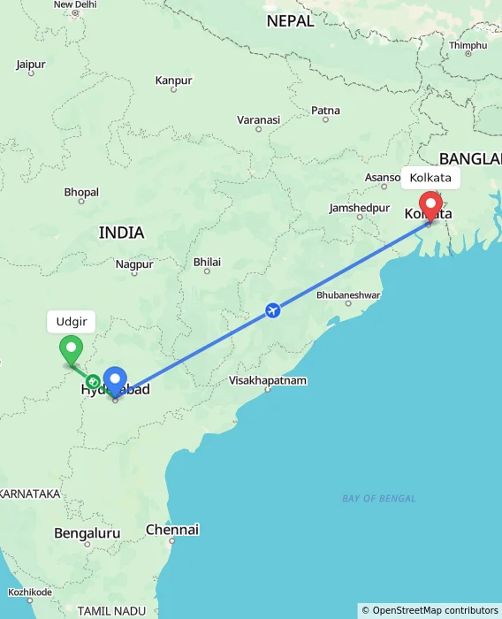 Route map showing distance and travel time from Udgir, India to Kolkata, India