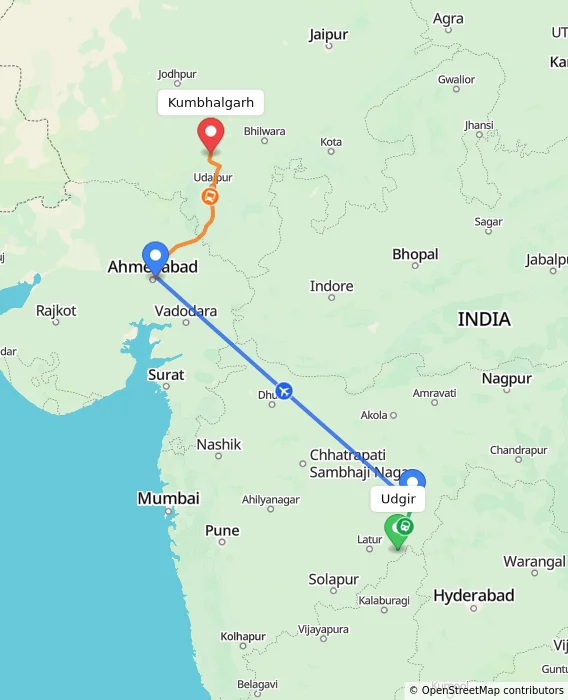 Route map showing distance and travel time from Udgir, India to Kumbhalgarh, India