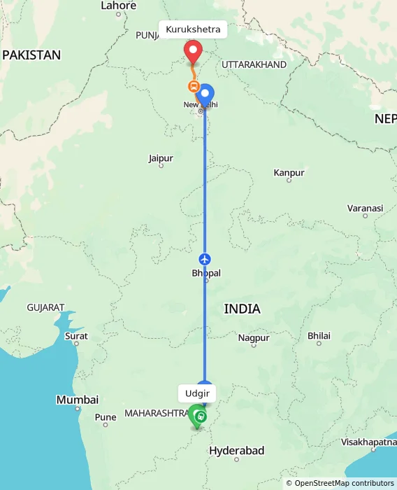 Route map showing distance and travel time from Udgir, India to Kurukshetra, India
