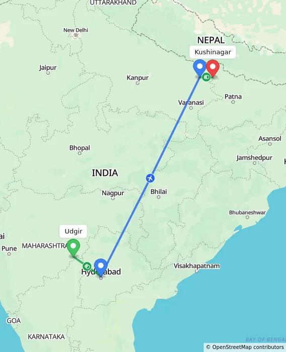 Route map showing distance and travel time from Udgir, India to Kushinagar, India