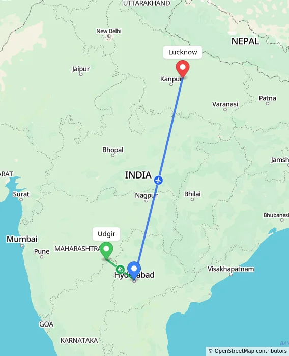 Route map showing distance and travel time from Udgir, India to Lucknow, India