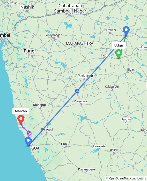 Route map showing distance and travel time from Udgir, India to Malvan, India