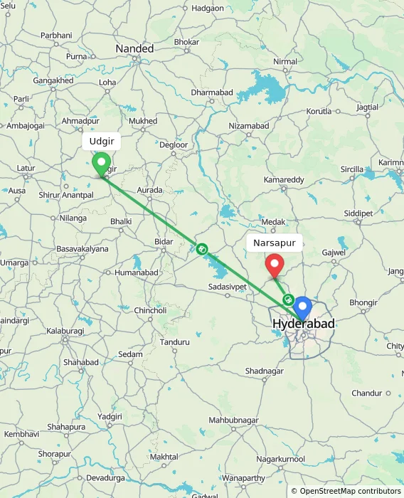 Route map showing distance and travel time from Udgir, India to Narsapur, India