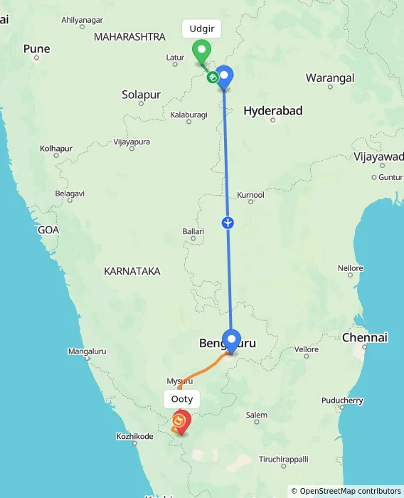 Route map showing distance and travel time from Udgir, India to Ooty, India
