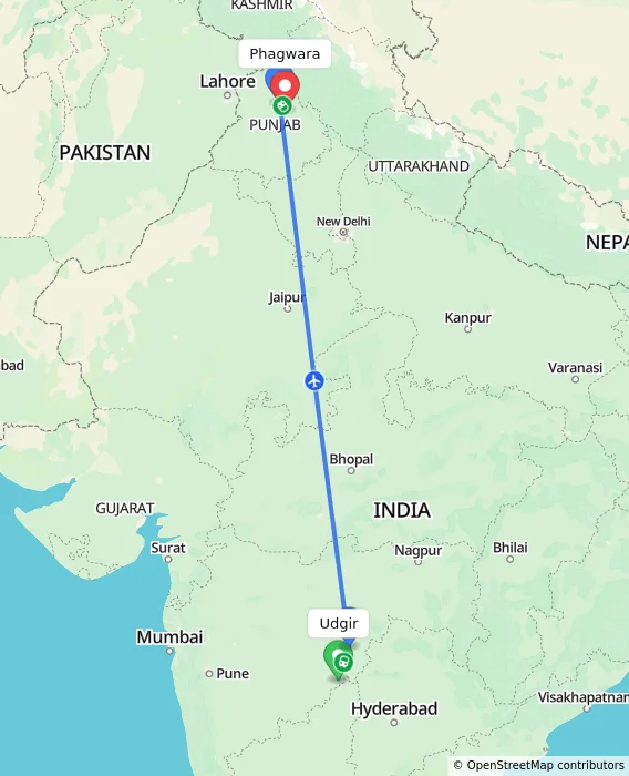 Route map showing distance and travel time from Udgir, India to Phagwara, India