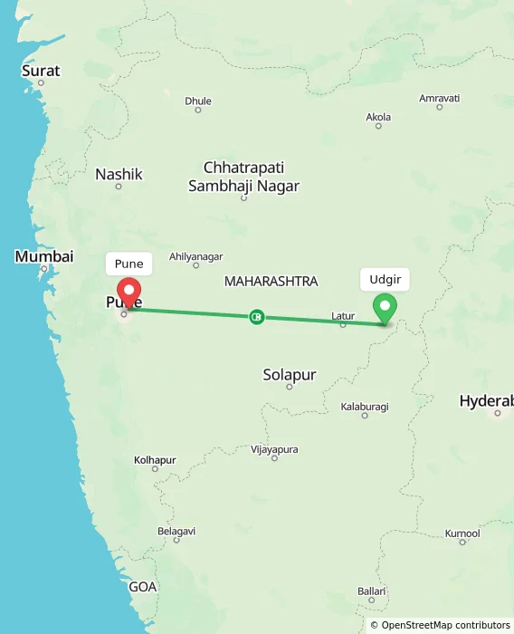 Route map showing distance and travel time from Udgir, India to Pune, India