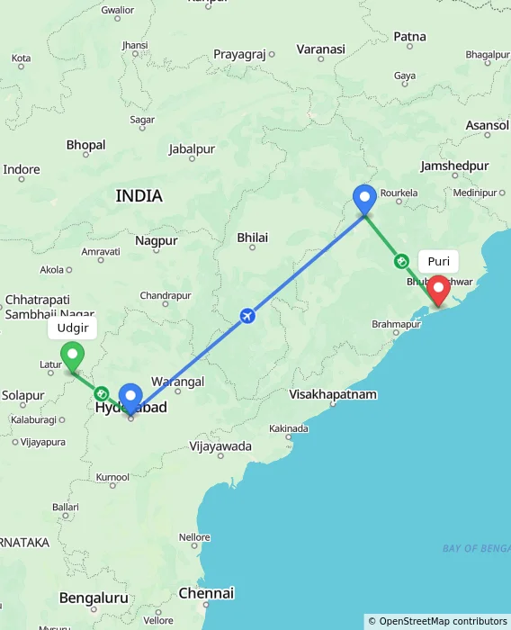 Route map showing distance and travel time from Udgir, India to Puri, India