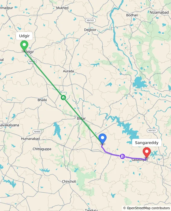 Route map showing distance and travel time from Udgir, India to Sangareddy, India
