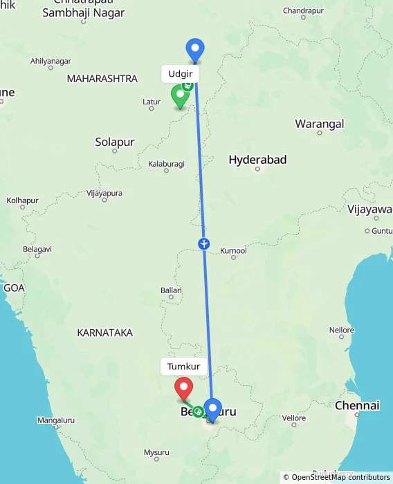Route map showing distance and travel time from Udgir, India to Tumkur, India