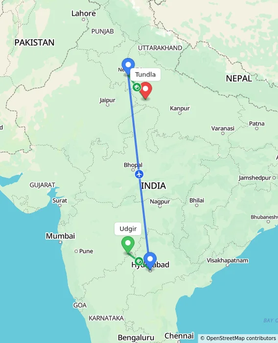 Route map showing distance and travel time from Udgir, India to Tundla, India