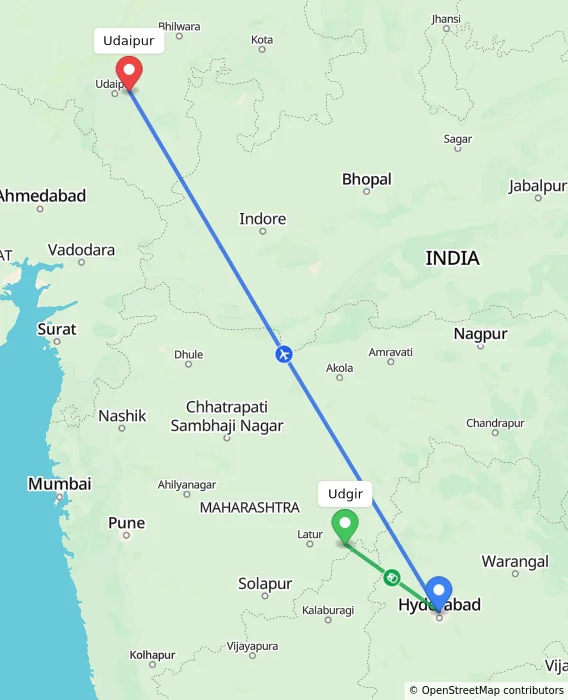 Route map showing distance and travel time from Udgir, India to Udaipur, India
