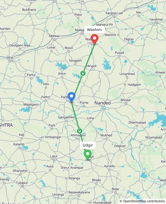 Route map showing distance and travel time from Udgir, India to Washim, India