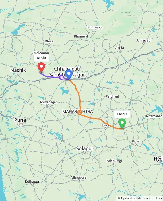Route map showing distance and travel time from Udgir, India to Yeola, India