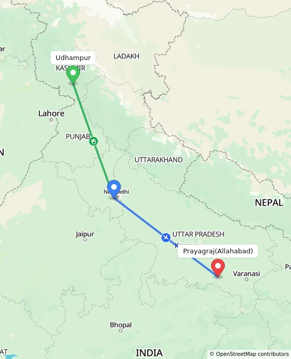 Route map showing distance and travel time from Udhampur, India to Allahabad, India