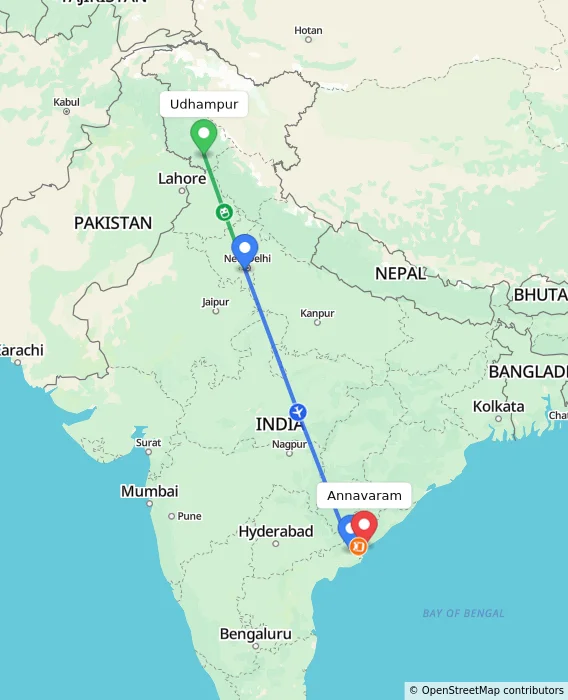 Route map showing distance and travel time from Udhampur, India to Annavaram, India