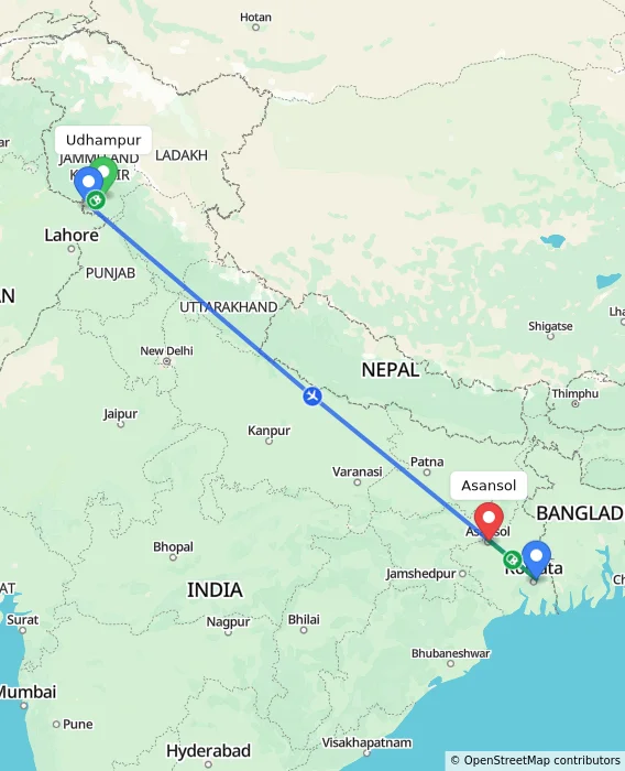 Route map showing distance and travel time from Udhampur, India to Asansol, India
